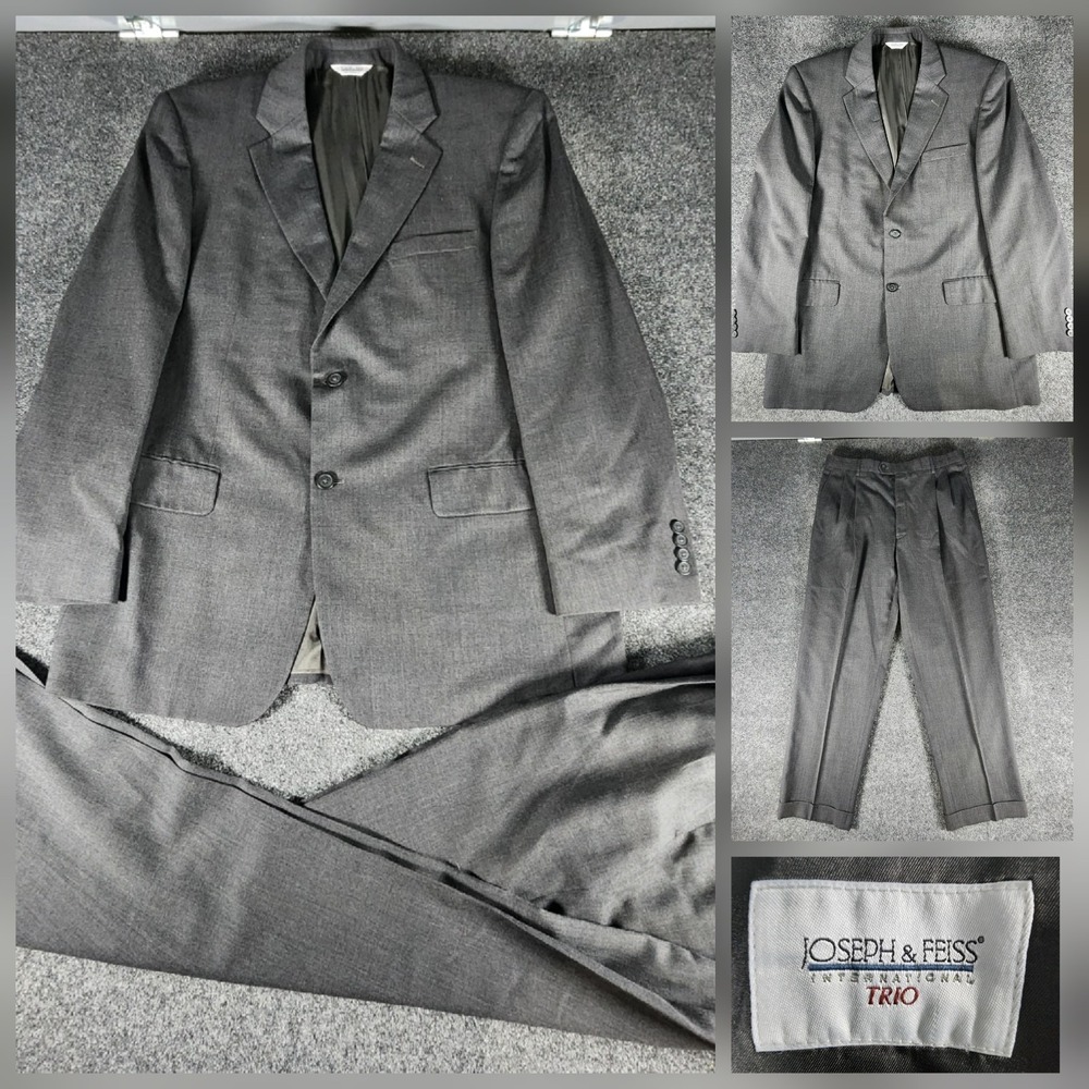 Joseph & Feiss International Trio Gray Wool 2 Piece Suit Mens Size 44L Wst 36x32